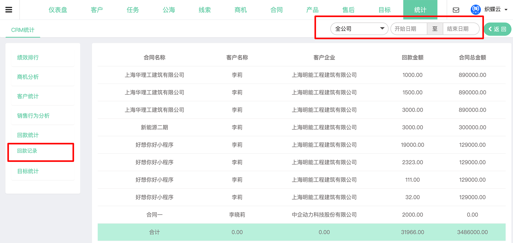 CRM回款统计