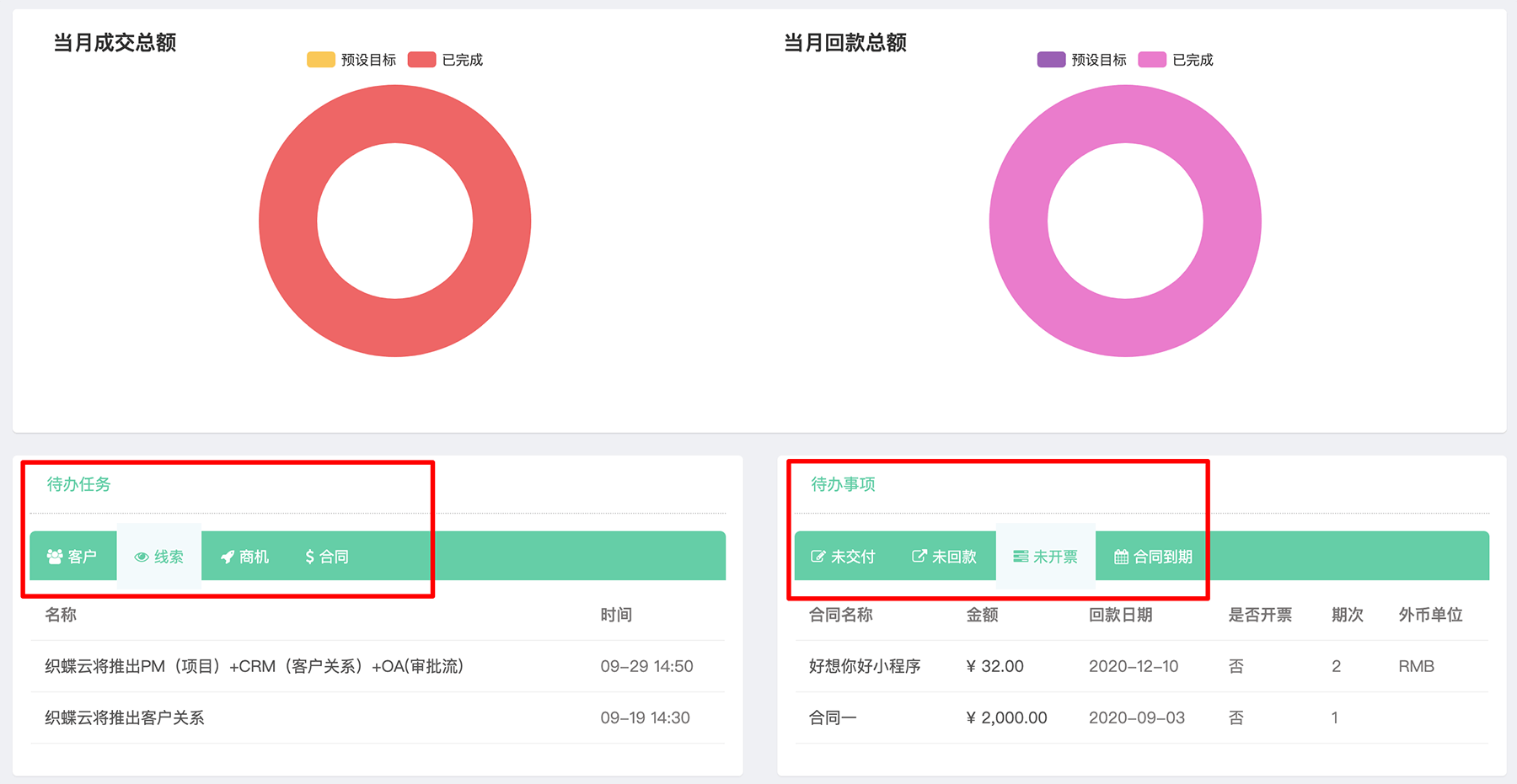 织蝶云CRM仪表盘待办任务和事项